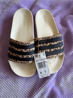 adidas Adilette Shower Slide Sandals in Cream with Black and Leopard Print